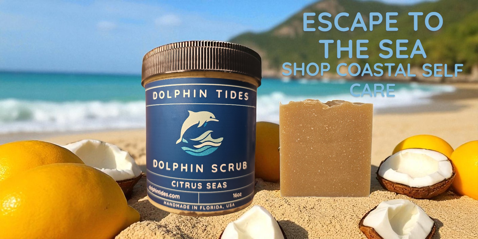 Dolphin Tides scrub jar with soap and lemons on a beach