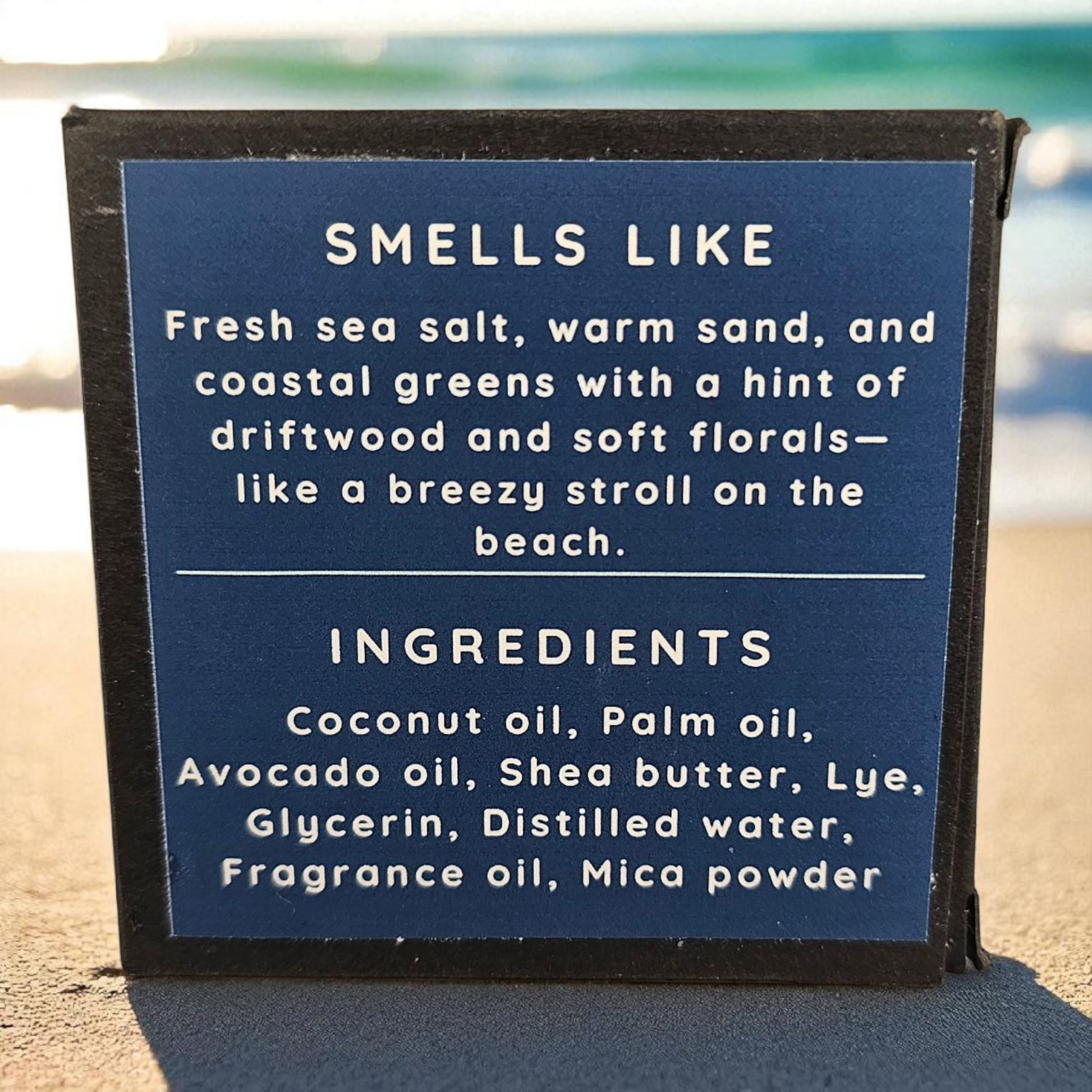 Product description card with beach scenery in the background