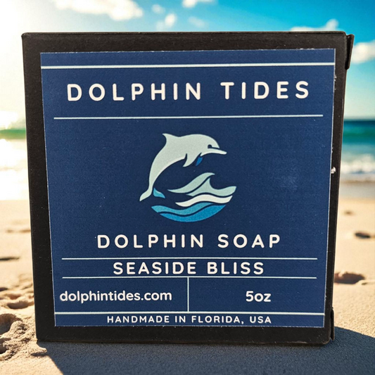 Dolphin Tides soap packaging on a beach