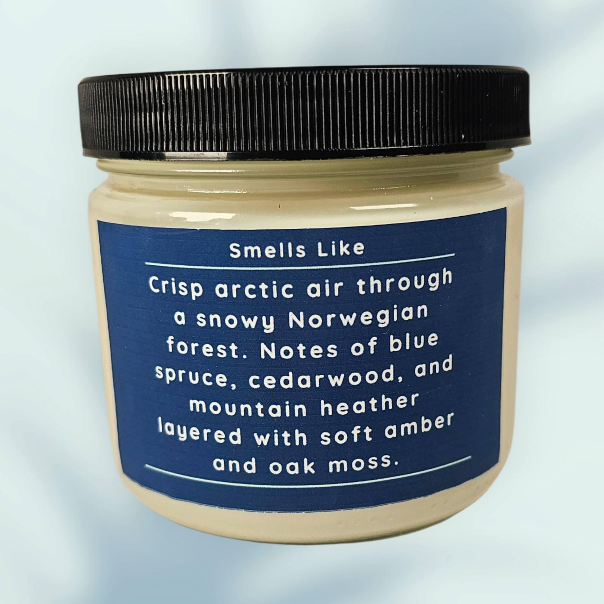 Jar with a blue label describing a scent on a light blue background